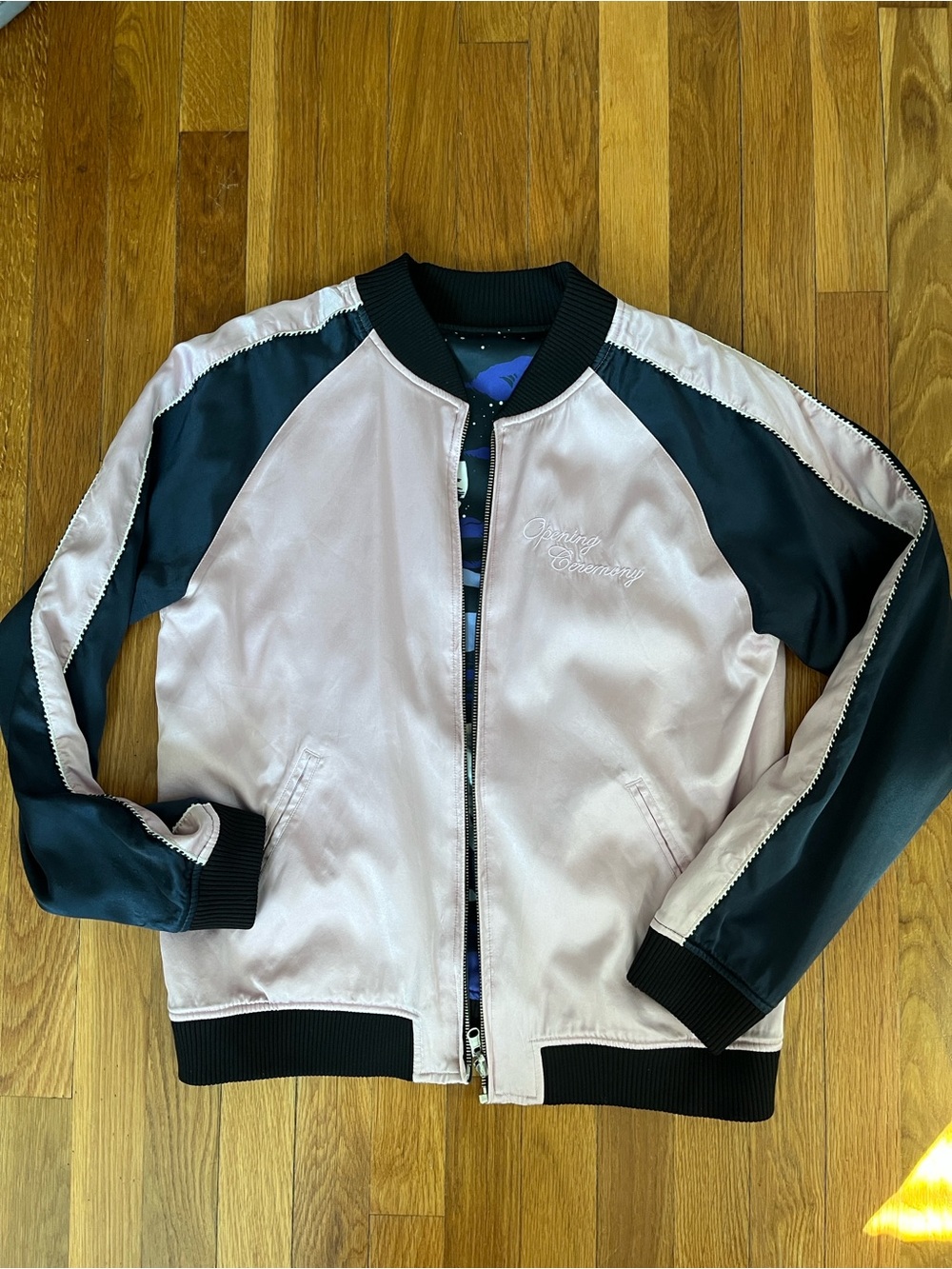 Opening Ceremony Bomber silk reversible embroidered print M pink navy EUC - Picture 10 of 10